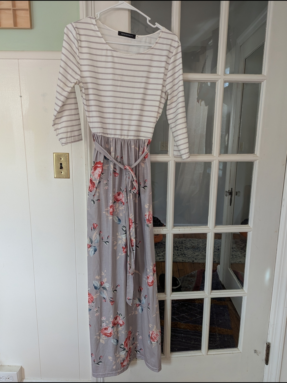 Striped Top Floral Maxi Dress - Gray/Pink